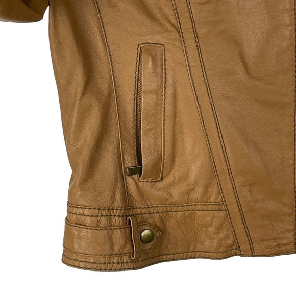 BOSTON PROPER LEATHER ASYMMETRIC ZIPPER STAND COLLAR TAN MOTO JACKET - Picture 12 of 15